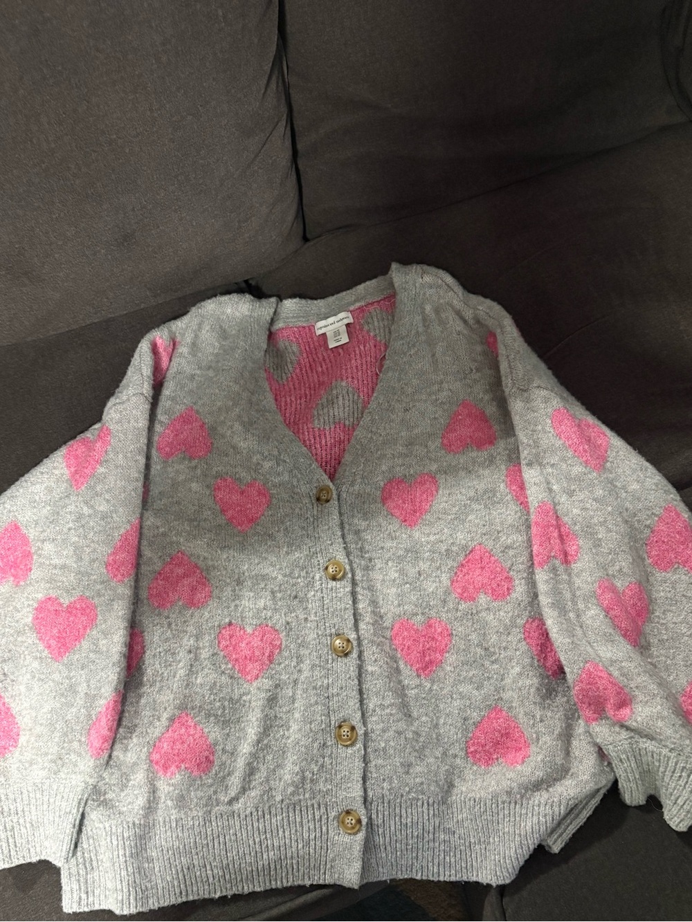 cupcakes & cashmere Gray Crewneck Sweater with Pink Heart Motif